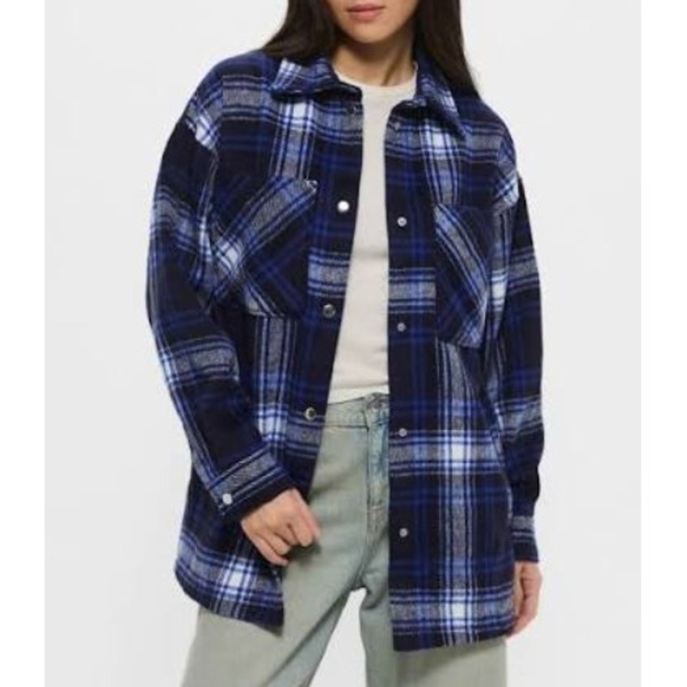 H&M DIVIDED Oversized Plaid Shirt Jacket Blue Women Size‎ XS Casual Flannel